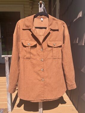 Beyove Corduroy Brown Collared Women’s Small Button Up Jacket Shacket w/ Pockets